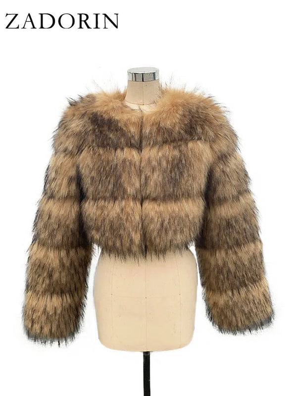 ZADORIN High Quality Cropped Faux Raccoon Fur Coat Women Winter Fashion O Neck Long Sleeve Fluffy Short Faux Fur Jacket Crop Top