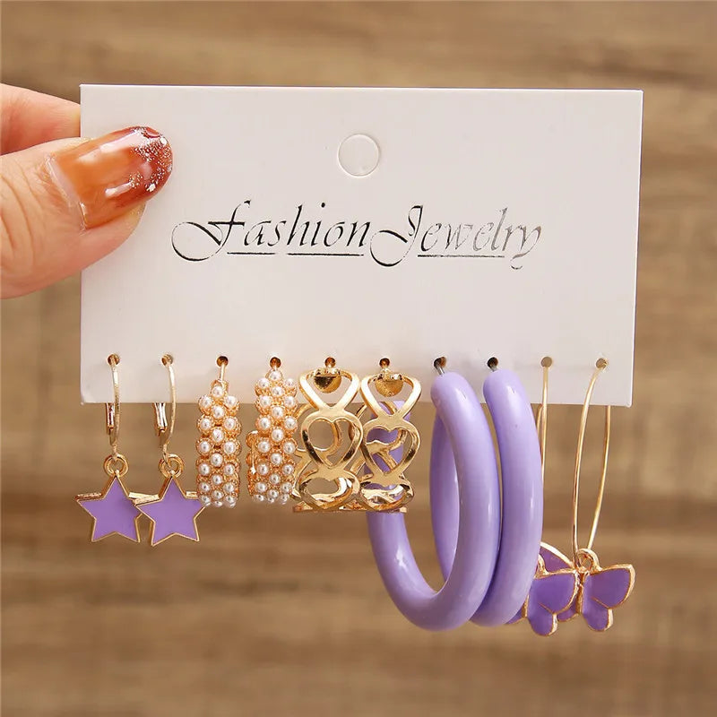 Boho Big Circle Hoop Earring Set for Women, Gold Color Bohemia Vintage Pearl Earring, Heart Zircon Ear Studs Jewelry Gifts