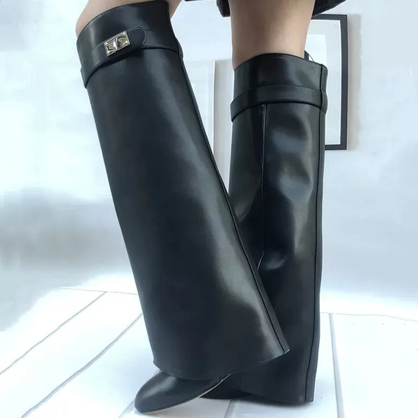 Brand Design Women Shark Boots Lock Buckle Knee High Fold Wedge Boots Woman Sexy Slip-on Motorcycle Shoes Big Size Botas Mujer