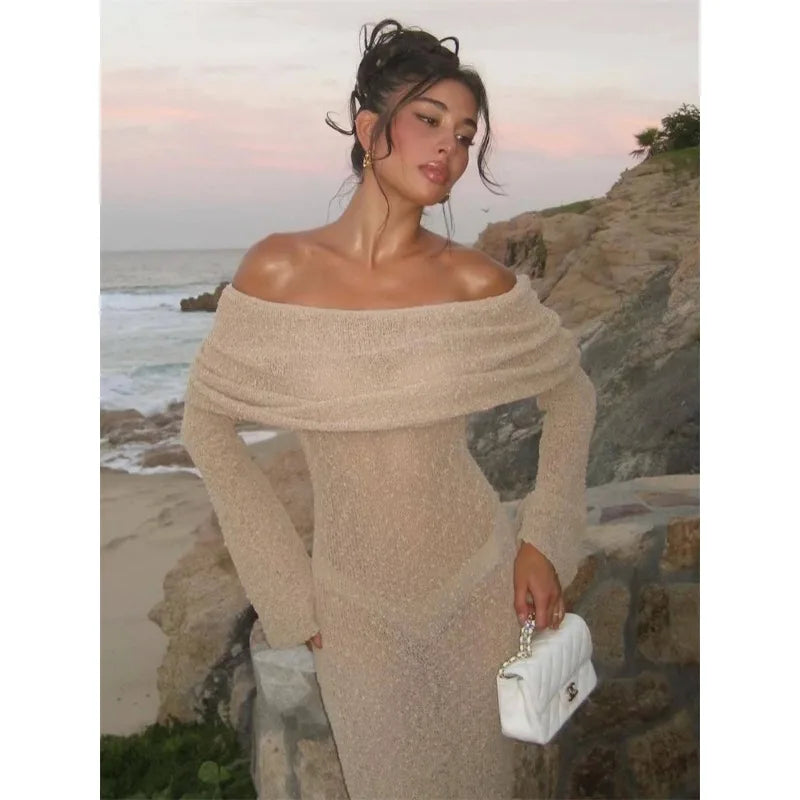 Tossy Knit Hollow Out Off-Shoulder Maxi Dress Female Cover up See-Through Sleeve Holiday Beach Party Dress Women Knitwear Dress