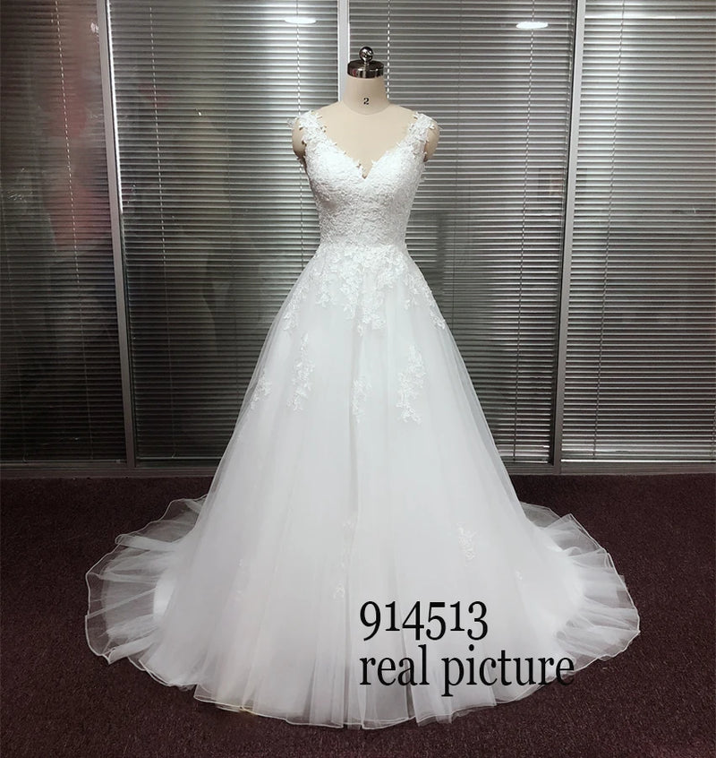 2021 Vestido De Noiva A-Line V Neck Wedding Dress Top Lace Appliques Bridal Dress Custom Made Wedding Gown Sweep Train