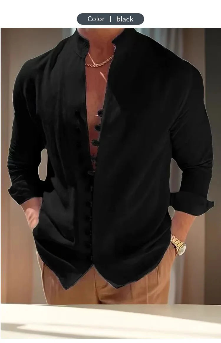 Men's long sleeve shirt cotton linen vintage solid color large size cardigan shirt casual loose high quality fashion men's wear