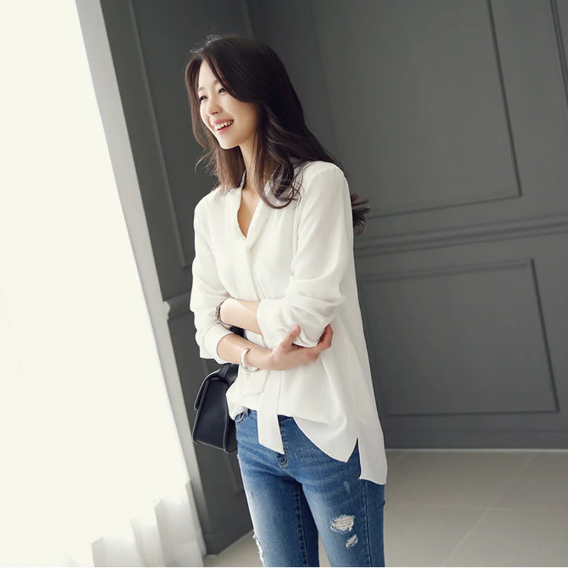 Casual White Blue Chiffon OL Blouse Shirt Top Blusas Mujer De Moda 2023 Long Sleeve Blouse Women Blusa Feminina Female Tops A137