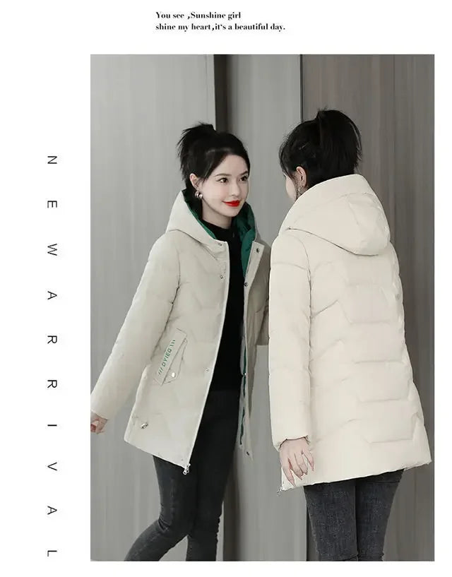 Winter Fashion Women Mid Length Down Cotton Jacket Korean Loose Thick Warm Padded Coat Female Hooded Parkas Outerwear Winter