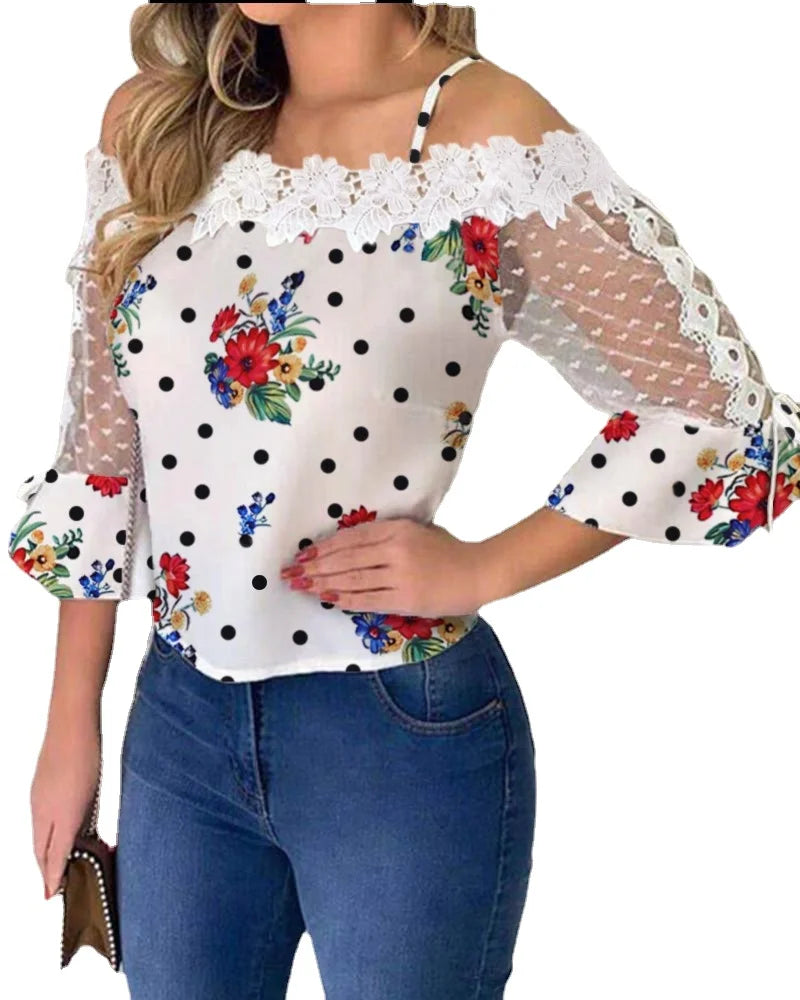 Vintage Embroidered Print Shirt Lace Blouses Shirts Sexy Club Female Mesh Patchwork Shirts Sexy Slash Neck Summer Fashon Tops