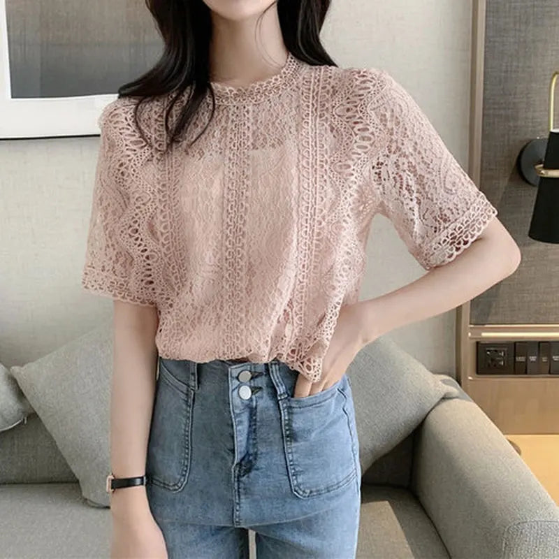 Cropped Shirts Women Short Sleeve O-Neck Casual Lace Hollow Out Elegant Fashion Retro All-match Slim Summer Chic Top Ulzzang Ins