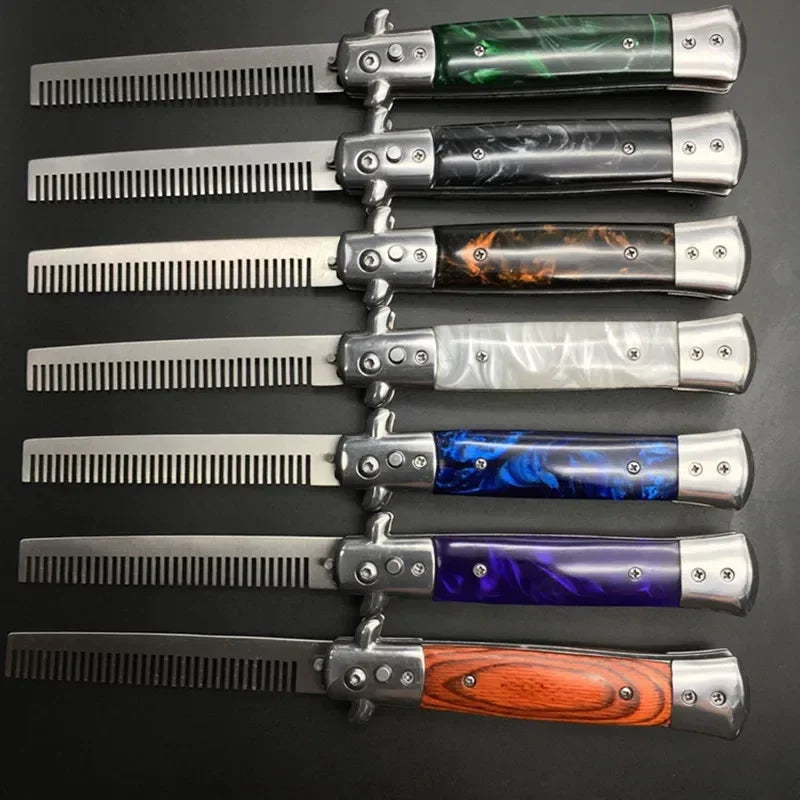 1pcs Stainless Steel Foldable Automatic Combs Knife Brushes Hair Trimmer Comb Brush Accessories butterfly Mens Pocket Knife Comb