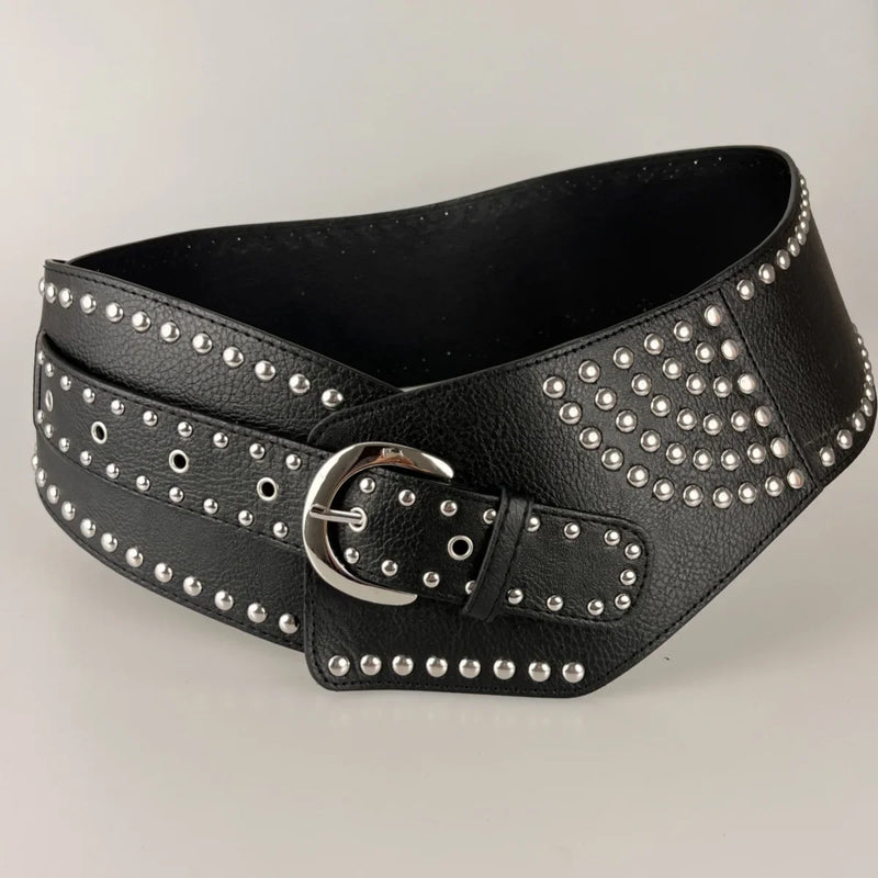 Vintage Punk Studded Belt  Chain Y2K Metal Pu Western Cowboy Wide Waistband Waist Belts Sexy Hiphop Men Skeleton Beaded Belt
