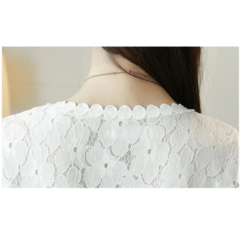 New Fashion Summer Short Sleeve Blouse Lace Women's Tops Sweet O-neck Women's Clothing Shirt White Women Shirt Blusas D710 30