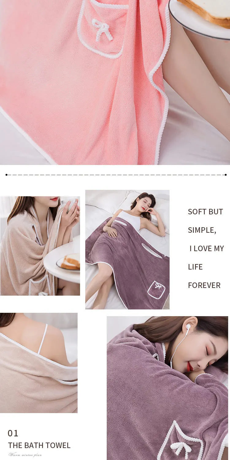 Pocket Coral Velvet Shower Skirt Pure Cotton Thickened Strong Absorbent Pack Bath Towel Chest Wrap Wearable Bath Towel