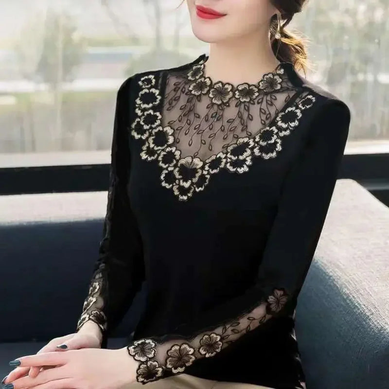 Blouse Women 2020 New Lace round Neck Fall Women's Clothing Mesh Long Sleeve Blusas Ropa De Mujer