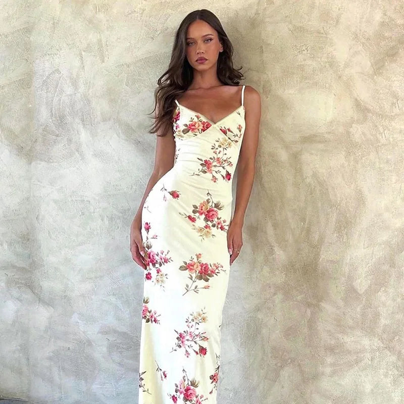 Sleeveless Print Suspender dress women Fashion Vneck slim long skirt 2024 summer fashion women's beach party club robe JY23159SK