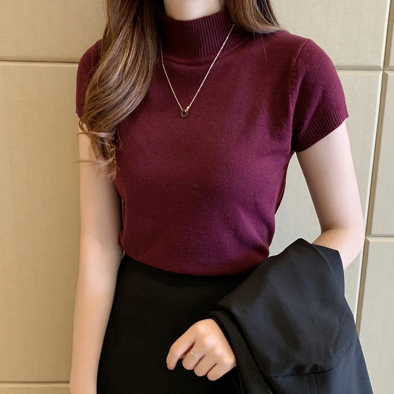 2024 New Casual Knitted Women Tops Women Clothing Blusas Summer Solid Slim Turtleneck Blouse Fashion Chic Korean Clothes 8622