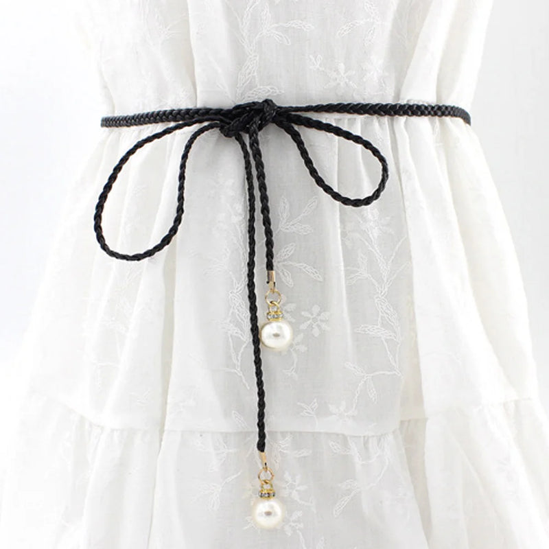 140CM Long Vintage Bohemian Knot Thin Belt Women Elegant Pearl Elastic Braided Waistband Female Summer Seaside Dress Waist Ropes