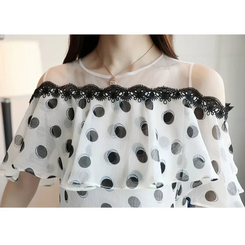 Summer Fashion Shirts Women Elegant Short Sleeve Ladies Tops Sweet Polka Dot Chiffon White Blouse Casual Loose New Blusas 0611