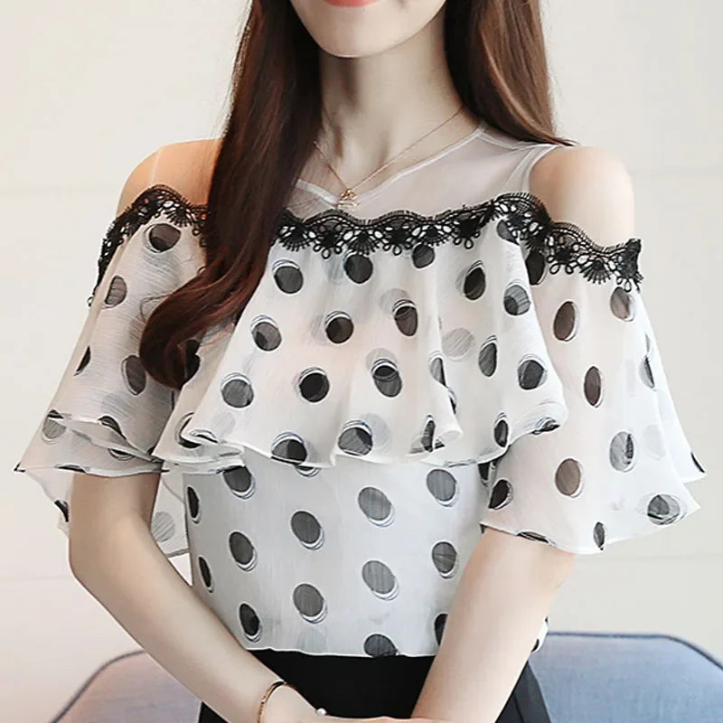 Summer Fashion Shirts Women Elegant Short Sleeve Ladies Tops Sweet Polka Dot Chiffon White Blouse Casual Loose New Blusas 0611