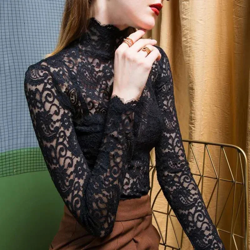 Woman White Lace Blouse Transparent Summer Women Blouses Oversized Womens Tops and Blouses Sexy Black Lace Shirts Long Sleeve