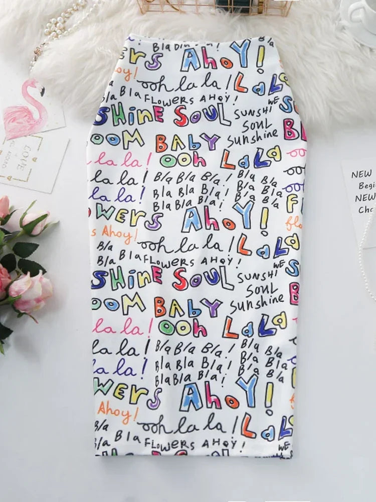 Women's Pencil Skirts letters Printed Graphic Summer Autumn High Waist  Slit Tube faldas Woman Stretch Skirt Female GD503