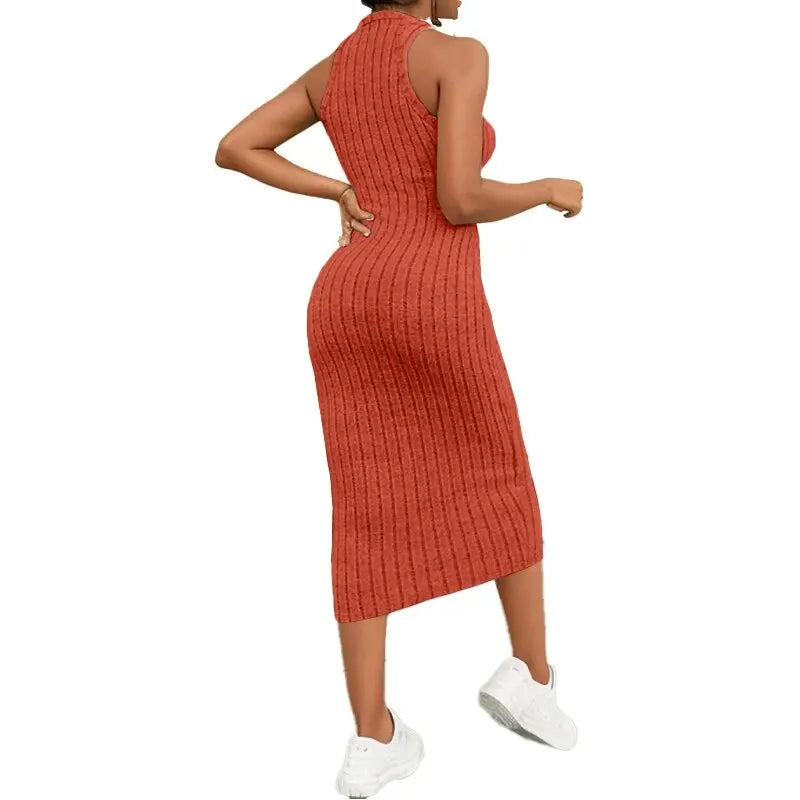 Solid Halter Neck Bodycon Dress Dodycon Dress Fashion New Designer Ribbed Midi Dress Women's Sleeveless Ribbed Knit Tank Dress