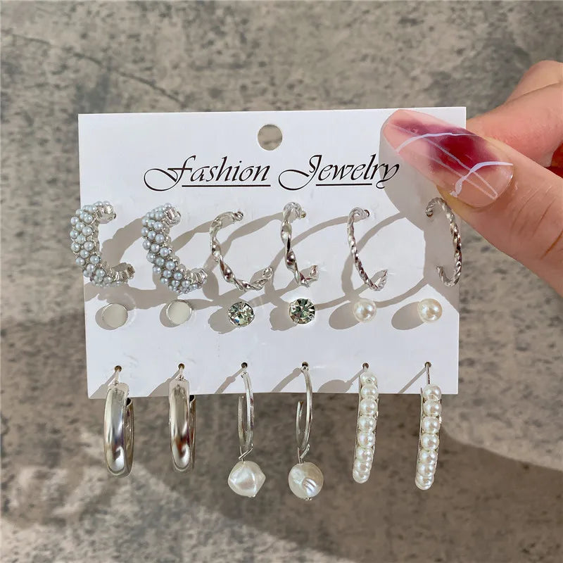 Boho Big Circle Hoop Earring Set for Women, Gold Color Bohemia Vintage Pearl Earring, Heart Zircon Ear Studs Jewelry Gifts