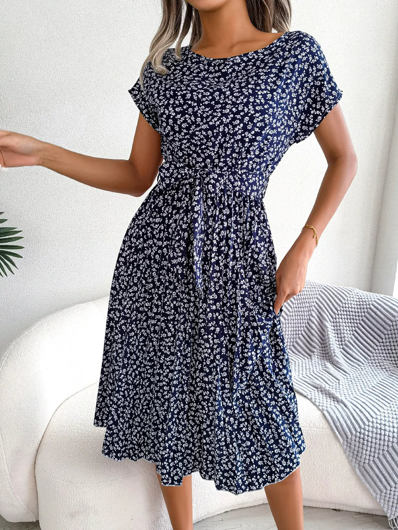 Women Spring Summer Short Sleeve High Waist Chic Dress Fashion Floral Pleated A Line Long Dress