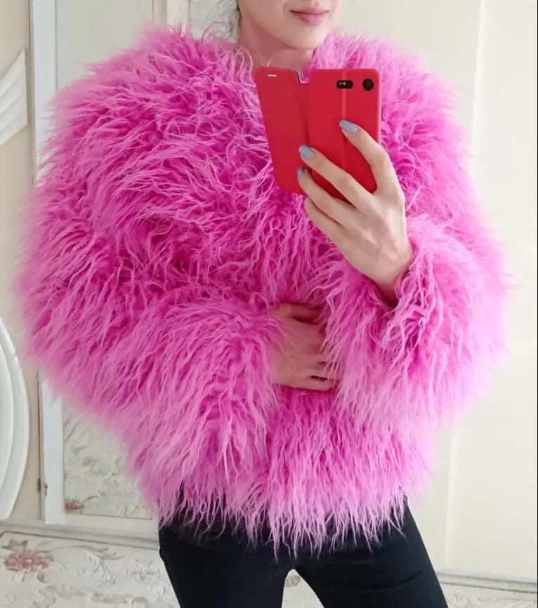 Colorful Warm Faux Women Fur Coat Loose Black White Pink Plush Coat Female Jacket Fur Autumn Winter Shaggy Outerwear