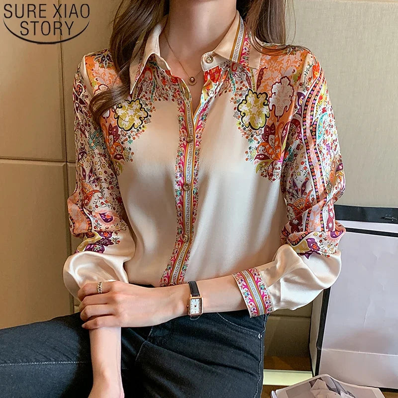 2023 Spring Fashion Floral Print Blouse Women Satin Shirts Ladies Tops Autumn Long Sleeve Silk Shirts Blusa Mujer Clothes 18440