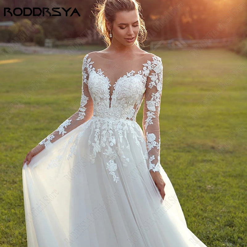 RODDRSYA Pastrol Wedding Dresses For Woman Long Sleeves Illusion Back Scoop Bride Gowns Applique A-Line Tulle vestidos de novia