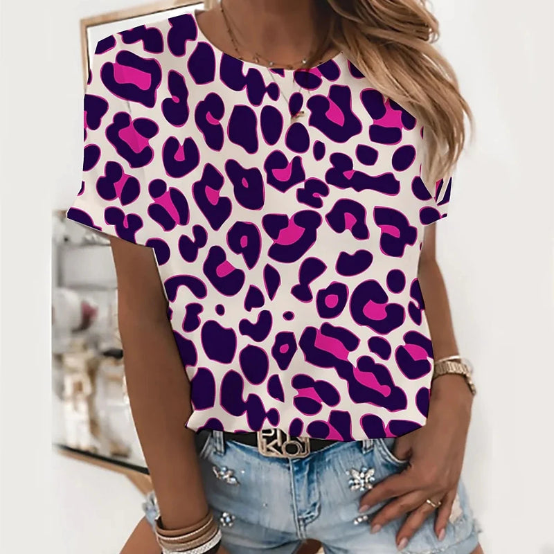 Sexy Women's T-shirt Fashion Leopard Printed Casual Short Sleeve Tshirt For Girls Street Beautiful Tees O-neck Ladies Top Shirt