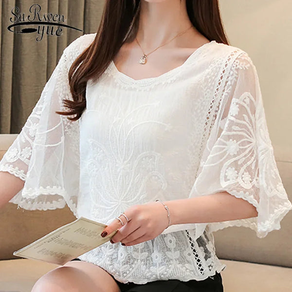 Summer Sweet New Tops Elegant Loose Lace White Blouse for Women Casual and Chic Solid Hollow Out Half Sleeve Ladies Shirts 4073