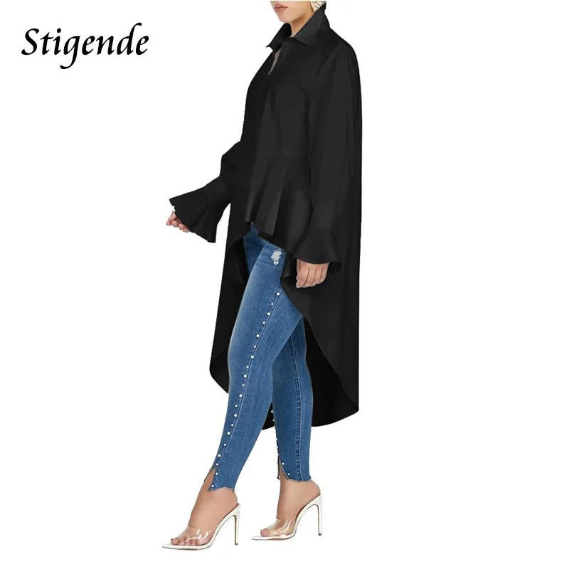 Casual Flare Sleeve Irregular Blouse Shirt Women Sexy Asymmetrical Long Loose Shirt Fashion Single Breasted White High Low Tops