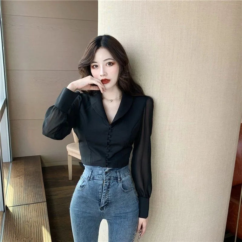 Shirts Women Solid Turn-down Collar Ins Abdomen Cropped Leisure Korean Style Fashionable Ladies Clothes Long Sleeve Stylish Chic