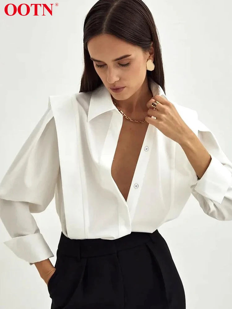 OOTN Elegant Blouses Women Cotton Shoulder Pads Lapel White Shirt Female Office Buttons All-Match Spring 2023 Wild Blusas Funky