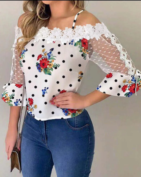 Vintage Embroidered Print Shirt Lace Blouses Shirts Sexy Club Female Mesh Patchwork Shirts Sexy Slash Neck Summer Fashon Tops