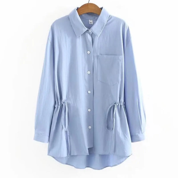 2023 Autumn Clothes Women Shirt Plus Size Loose Drawstring Waist Cotton Casual Solid Color Asymmetrical Length Blouses Curve