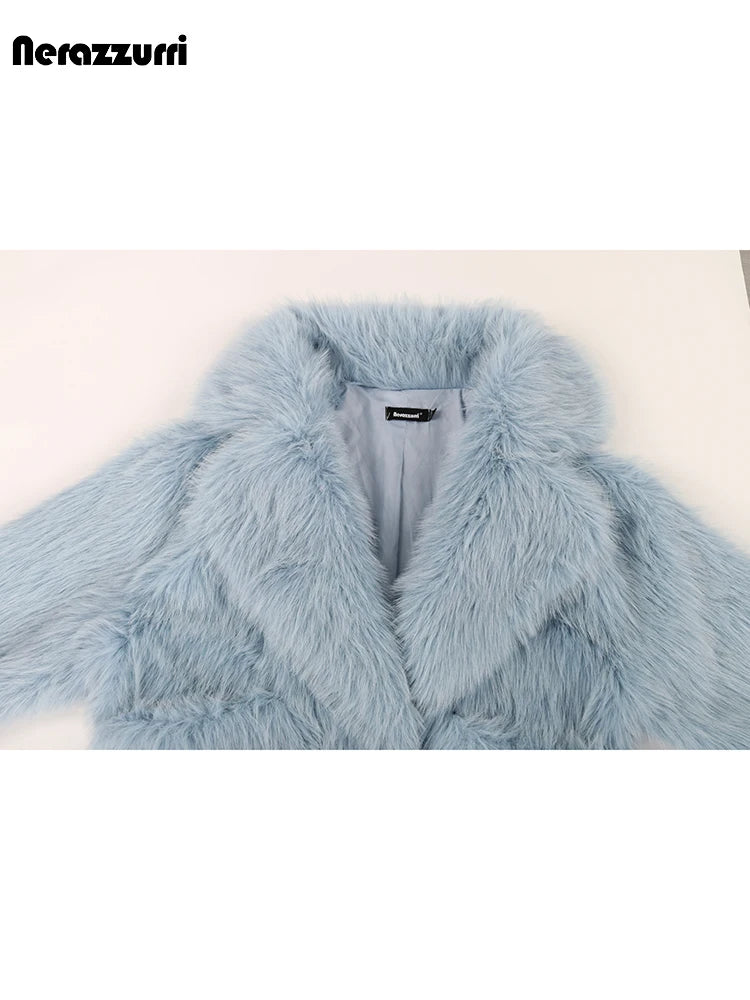 Nerazzurri Winter Short Loose Casual Hairy Soft Thick Warm Pink Faux Fur Coat Women with Big Collar and Pockets Fluffy Jacket