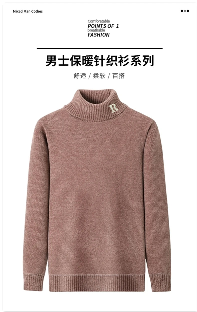 Luxury brand sweater men's high neck designer new trend R embroidery casual Korean top winter plush thick warm knitted pullover