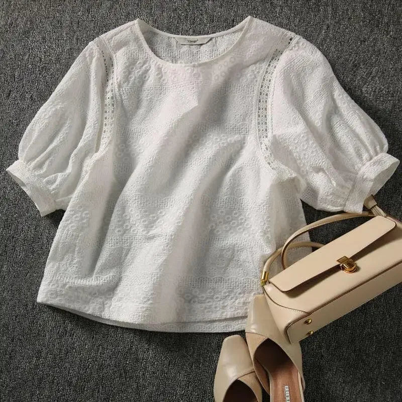 2023 Summer New Korean Fashion Women's Lantern Sleeve Loose Shirts Embroidery Cotton Lace O-neck Casual Blouses Clothes 13440