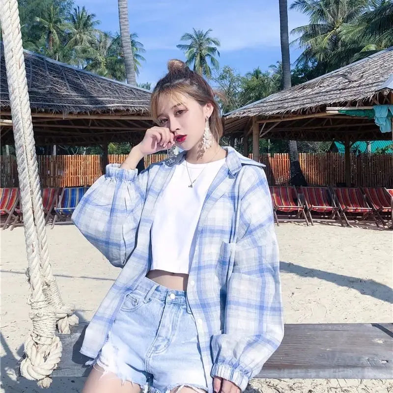 Women Shirts Plaid Thin Casual Sun-protect Loose Lantern Sleeve Fashion Simple Korean Chic All-match Tops Camisas Mujer Ulzzang