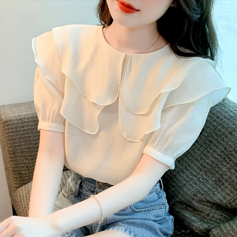 Summer Chiffon Blouses Women Casual Shirts 2024 Vintage Short Sleeve Blusas Mujer Korean Style White Puff Sleeve Ladies Tops y2k