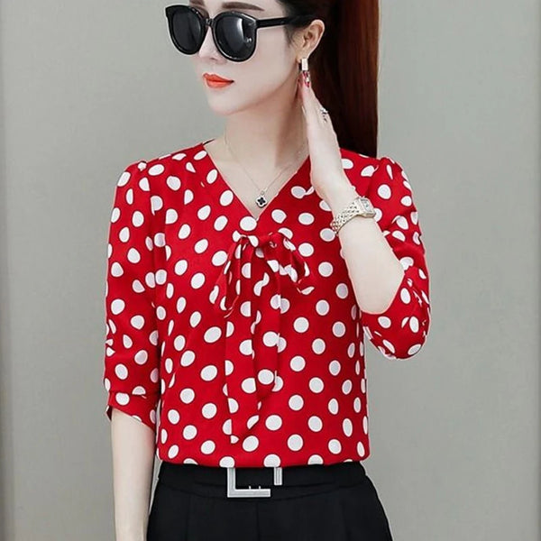 Long Sleeve and Shorts Sleeve Blusa Mujer Lace Up Bow Collar Dot Blouse Shirt 2023 New Feminine Elegant Loose Women Tops 66i