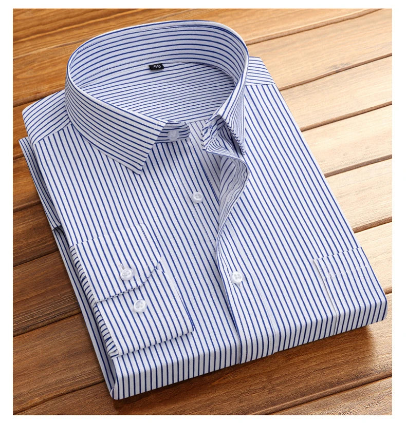 Cotton Men's Classic Long Sleeve Striped Basic Dress Shirts Single Patch Pocket Formal Business Standard-fit Office Social Shirt