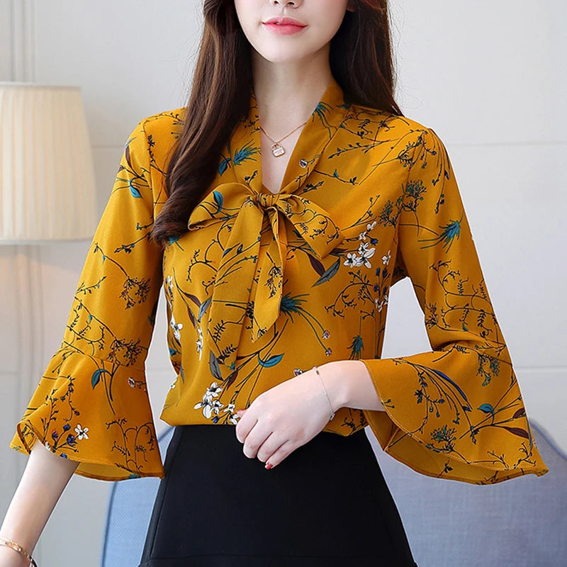 Chiffon Shirt Female Summer 2023 New Bow V Collar White Printing Transparent Women Tops Flare Sleeve Women Blouse Shirt 807A