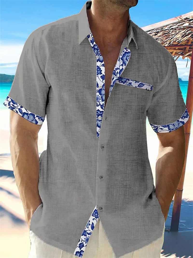 2023 summer fashion men's Hawaiian linen shirt men's casual lace printed beach pocket short sleeve plus size jacket 5 colors.