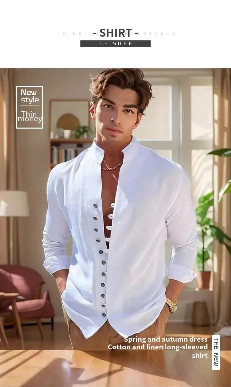 Men's long sleeve shirt cotton linen vintage solid color large size cardigan shirt casual loose high quality fashion men's wear