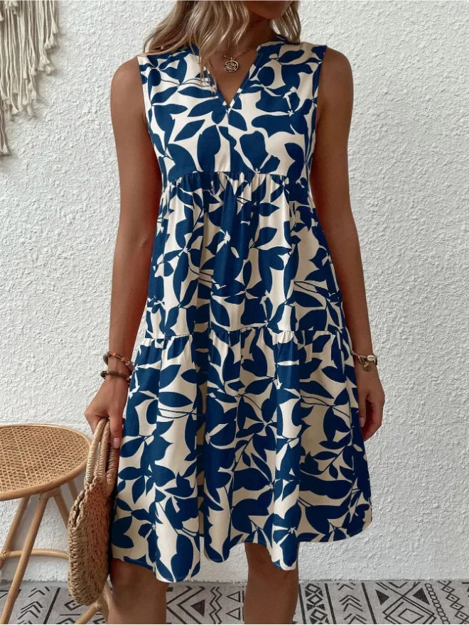 Women Boho Print Mini Dress Summer Elegant Sleeveless V Neck Ruffle A Line Tank Dress Casual Loose Oversize Beach Party Sundress