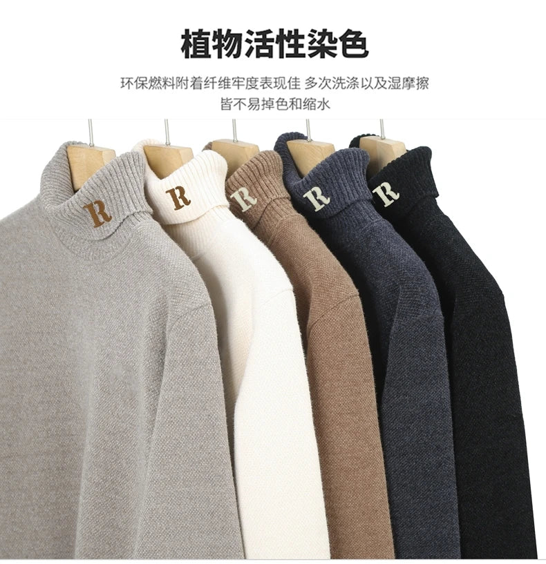 Luxury brand sweater men's high neck designer new trend R embroidery casual Korean top winter plush thick warm knitted pullover