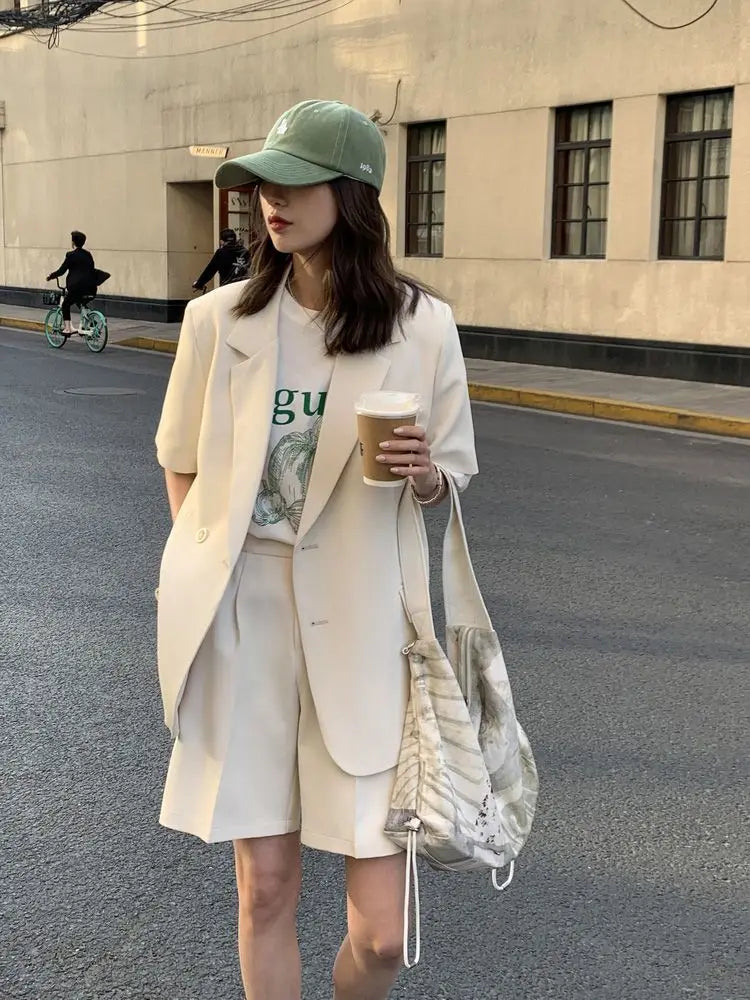 Clothing White 2024 Sleeve Summer Korean Style Blazer and Shorts Suit for Woman Kit Women's Short Pants Sets Complete Two Pieces