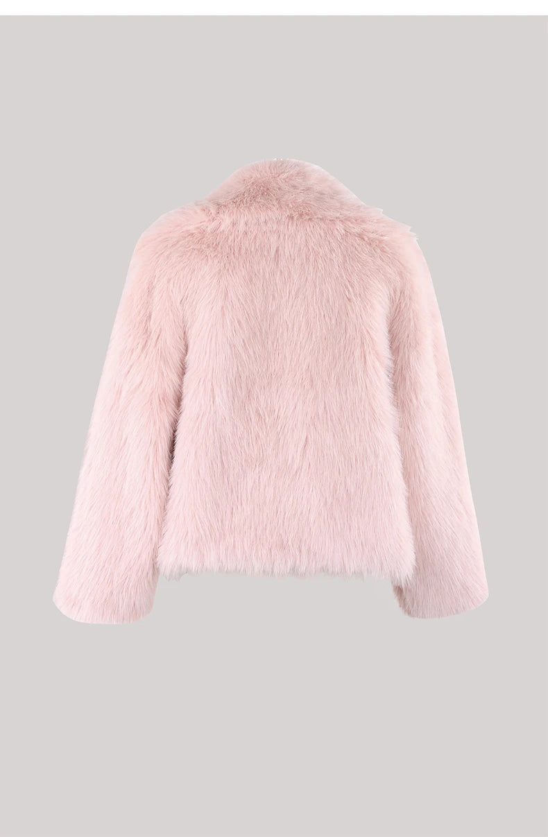 Nerazzurri Winter Short Loose Casual Hairy Soft Thick Warm Pink Faux Fur Coat Women with Big Collar and Pockets Fluffy Jacket