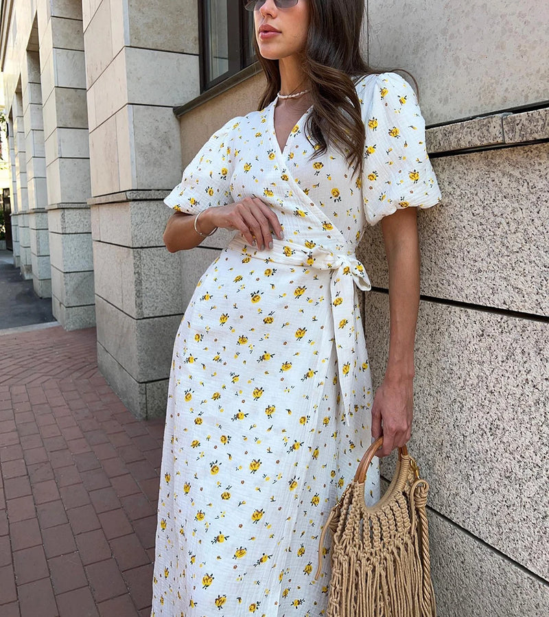 Casual Women's Summer Dresses 100% Cotton Floral Print A-line Midi Dress with Side Slits Long Elegant White Dress for Women 2024